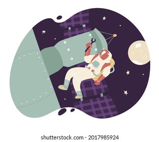 Astronaut repairs a space station with a wrench. Universe explore, star traveling, cosmos. Vector illustration in flat style. Space technology, scanner, caterpillar machine, asteroid, comet, meteorite