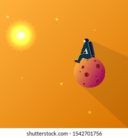 An astronaut is resting on the planet. Spaceman in space, admiring the universe. Vector illustration
