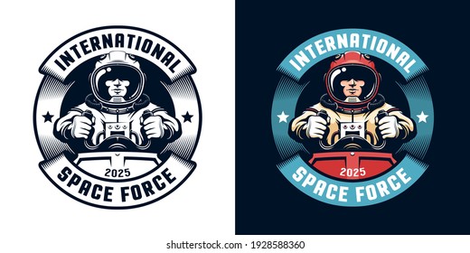 Astronaut retro badge with spaceship pilot. Space academy vintage logo with spaceman. Vector illustration.