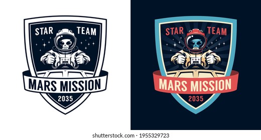 Astronaut retro emblem with alien pilot. Space badge with spaceshift pilot. Vector vintage illustration.