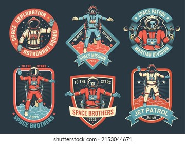 Astronaut retro emblem pack. Space vintage badges, emblems and labels set. Vector illustartion.