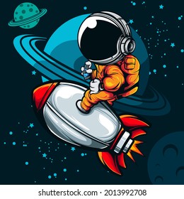 THE ASTRONAUT RIDE THE ROCKET SHIP ILLUSTRATION
