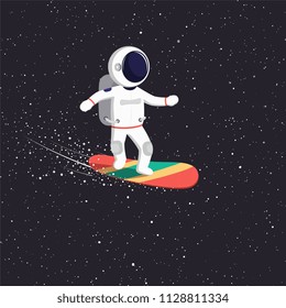 Astronaut rides on flying board on universe. Cosmic path spaceman through the universe.