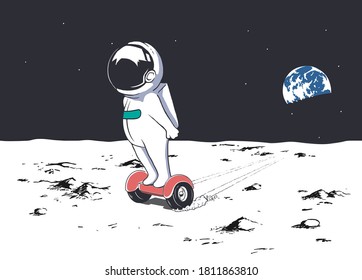 Astronaut rides on gyro scooter on Moon.Vector illustration