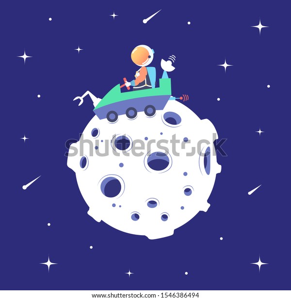 Astronaut rides on a lunar Rover on the surface of\
the moon. Landing on the satellite. Lunar mission. Space excursion.\
Star space. Vector