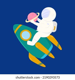 Astronaut rides on a rocket. Cheerful space technology vector illustration