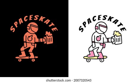 astronaut rides on skateboard and holding beers. illustration for t shirt, poster, logo, sticker, or apparel merchandise.