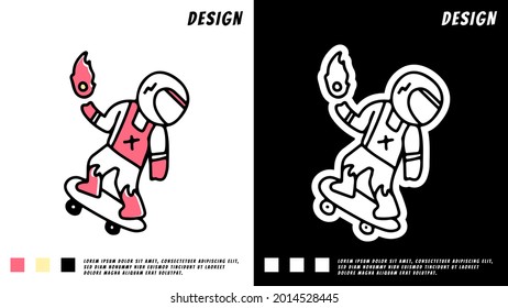 astronaut rides on skateboard and holding fireball. illustration for t shirt, poster, logo, sticker, or apparel merchandise.