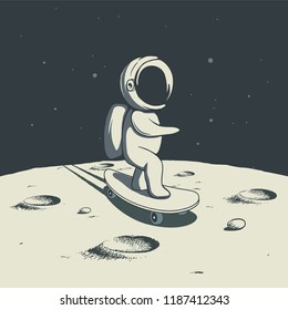 astronaut rides on skateboard on Moon.Space vector illustration.Prints design