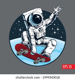 Astronaut rides on skateboard in outer  space. Vector illustration.