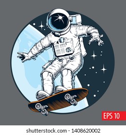 Astronaut Rides On Skateboard Through The Space. Vector Illustration.