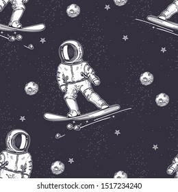 Astronaut Rides On A Snowboard. Hand-drawn Graphics. Seamless Pattern. Space Background.