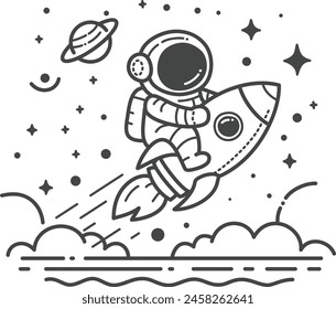 Astronauta monta un cohete en una aventura en el espacio. - Dibujo para colorear para niños. Ilustración vectorial de dibujo a mano en contorno negro sobre fondo blanco.