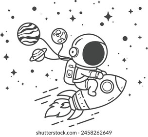 Astronauta monta un cohete en una aventura en el espacio. - Dibujo para colorear para niños. Ilustración vectorial de dibujo a mano en contorno negro sobre fondo blanco.