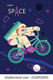 Astronaut riding bicycle in outer space, flat vector illustration isolated on white background. Poster template with text and man wearing space suit. Cartoon character of spaceman.