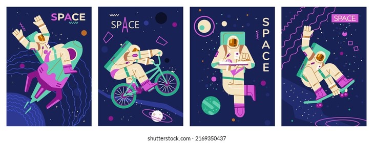 Astronautenfahrrad, Schlittschuh und Lesebuch im Weltraum, Plakatset - flache Vektorgrafik. Trendbanner mit Cartoon-Charakter des Raumfahrers in Raumanzug und Helm.