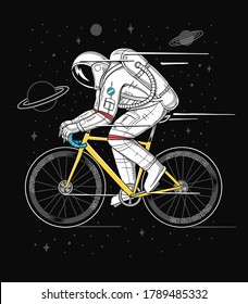 An astronaut riding bicycle in space. Space rider vector illustration for t-shirt prints posters and other uses.