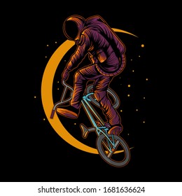 Astronaut Riding Bike On Space Dark Background With Moon