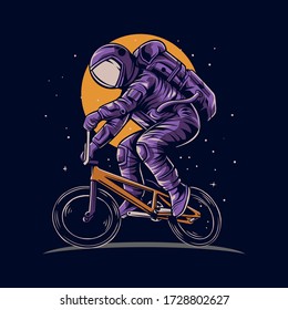 astronaut riding bmx bike on space with moon background vector illustration design