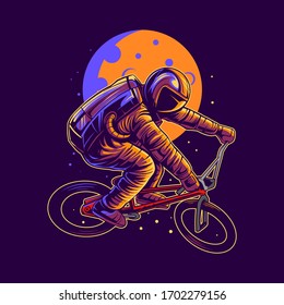 astronaut riding bmx on space vector illustration