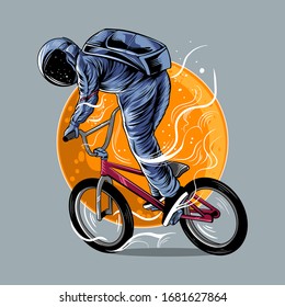 astronaut riding bmx vector illustration artwork with moon background isolated light color design