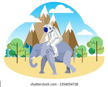 Astronaut riding an elephant. African safari. In minimalist style. Flat isometric vector illustration