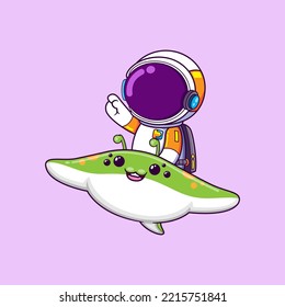 The astronaut is riding a fly stingray alien on sky and pointing on something of illustration