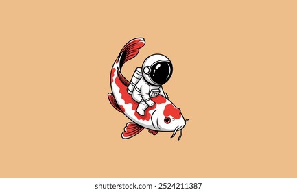 Astronauta montando un pez koi sobre un fondo beige