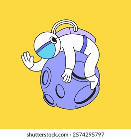 Astronaut riding and lying a purple planet hand drawn illustration for themes of adventure and space exploration