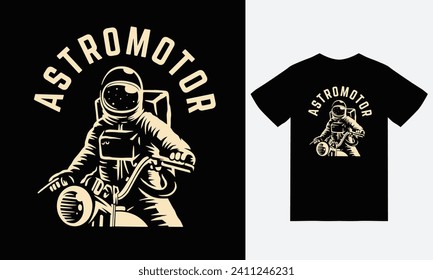 Astronaut Riding Motorcycle illustration with tshirt design premium vector the Concept of Isolated Technology. Flat Cartoon Style Suitable for Landing Web Pages,T shirt, Flyers, Stickers