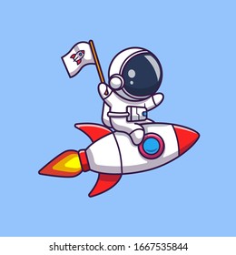Astronaut Riding On Rocket Vector Icon Illustration. Spaceman Mascot Cartoon Character. Science Icon Concept Isolated. Flat Cartoon Style Suitable for Web Landing Page, Banner, Flyer, Sticker, Card