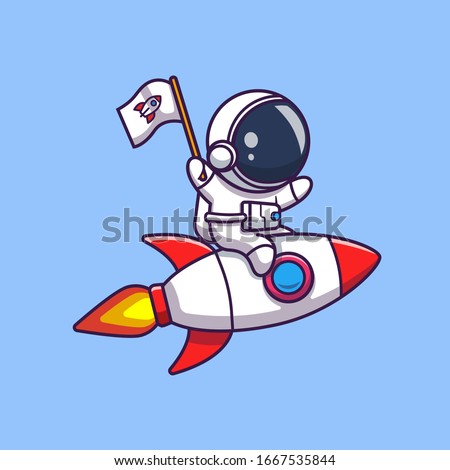 Astronaut Riding On Rocket Vector Icon Illustration. Spaceman Mascot Cartoon Character. Science Icon Concept Isolated. Flat Cartoon Style Suitable for Web Landing Page, Banner, Flyer, Sticker, Card