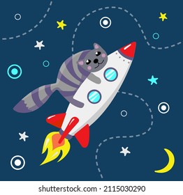 Astronaut сat riding on speedy rocket. The rocket flies into space among the stars and planets.
Flat Cartoon Style Suitable for Web Landing Page, Banner, Flyer, Sticker, Card
