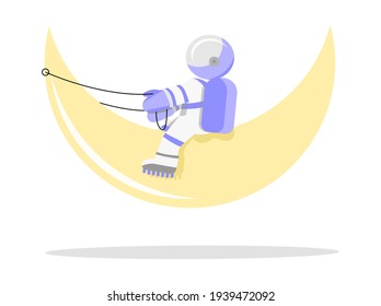 Astronaut riding on a yellow moon in space, vector funny illustration, minimalism, cosmonaut sticker