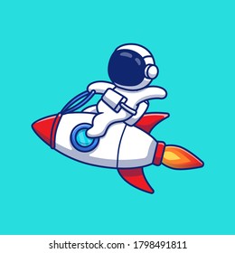 Astronaut Riding Rocket Cartoon Vector Icon Illustration. Space Technology Icon Concept Isolated Premium Vector. Flat Cartoon Style