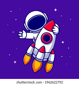 Astronaut Riding Rocket Cartoon Vector Icon Illustration. Space Technology Icon Concept Isolated Premium Vector. Flat Cartoon Style