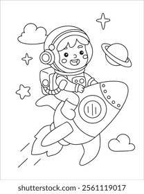 Astronaut riding rocket coloring page illustration