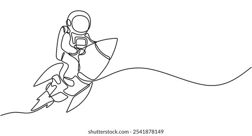 Astronauta montando um foguete em desenho contínuo de uma linha. Projeto minimalista de viagens espaciais e exploração.