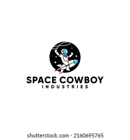 An astronaut riding a rocket in cowboy pose logo icon 