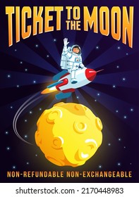 Astronauta montando un cohete vuela alrededor de la luna - afiche de caricatura. Un alegre hombre de la zona mueve su mano.
