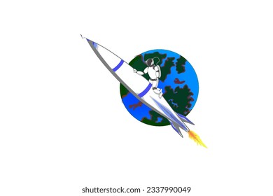 astronaut riding a rocket flying in space ,flying across planet earth,without background