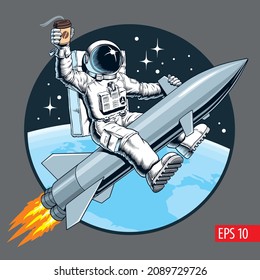 Astronaut riding a rocket or missile and holding a coffee cup. Vintage sci-fi style vector illustration.