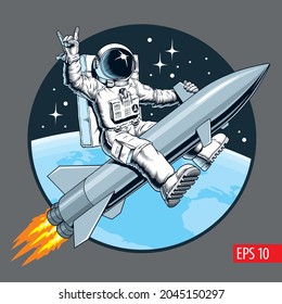 Astronaut riding a rocket or missile. Vintage sci-fi style vector illustration.
