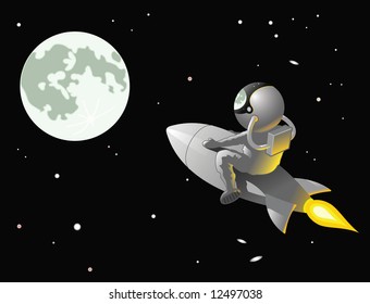 Astronaut riding a rocket to the Moon.