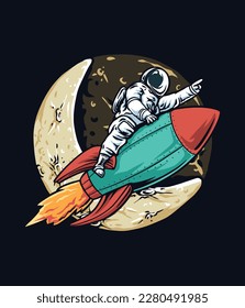 Astronaut riding the rocket with the moon background illustration