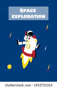 Astronaut riding rocket in outer space. Cute Astronomy art print with spaceman character. Space exploration and travel poster design. Vector illustration.