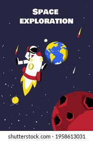 Astronaut riding rocket in outer space. Cute Astronomy art print with spaceman character. Space exploration and travel poster design. Vector illustration.