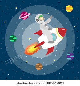 Astronaut riding rocket and pointing forward with colorful planets and lot of stars background vector