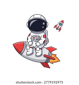 A astronaut of riding a rocket, the astronaut is sitting elegantly on a small, grey crescent moon. He maintains the white suit and large dark visor. Flat vector mascot design
