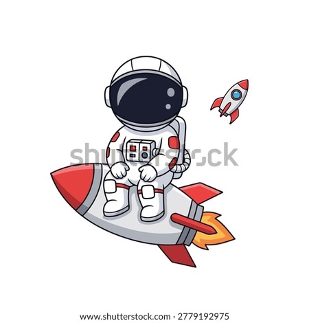 A astronaut of riding a rocket, the astronaut is sitting elegantly on a small, grey crescent moon. He maintains the white suit and large dark visor. Flat vector mascot design